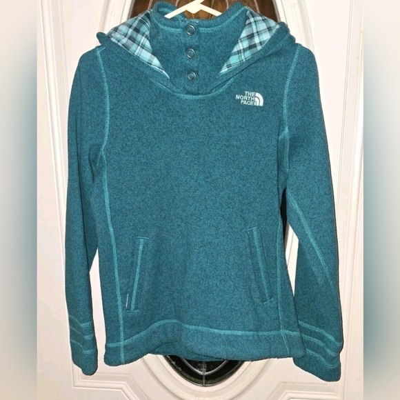 The North Face Tops - The North Face Women’s Sm Sweater Knit Fleece Sweatshirt Hood 3 Snap Plaid Teal